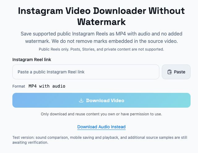 MP4 video tool with an empty Instagram Reel link input and Download Video button